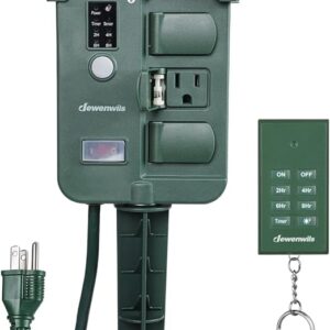DEWENWILS Outdoor Power Stake Timer Waterproof, 100FT Wireless Remote Control, 6 Grounded Outlets, 6FT Extension Cord, Photocell Dusk to Dawn for Outdoor Lights, Sprinklers, Garden, UL Listed