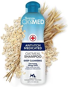 TropiClean OxyMed Medicated Anti Itch Shampoo for Pets 20oz - Oatmeal Medicated Dog Shampoo for Allergies and Itching - Stops Itching Fast