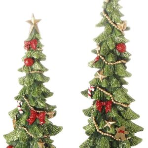 Decorated Christmas Tree Figurines in Glittered Green, Red and Gold -12 Inches and 9 inches high