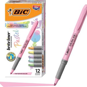 BIC Brite Liner Grip Pastel Highlighter Set, Chisel Tip, 12-Count Pack of Pastel Highlighters in Assorted Colors, Cute Highlighters for Bullet Journaling, Note Taking and More