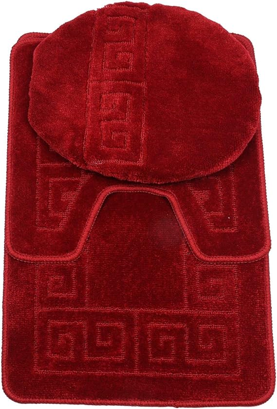 WPM WORLD PRODUCTS MART 3 Piece Bath Rug Set Pattern Bathroom Rug (20"x32")/Large Contour Mat (20"x20") with Lid Cover (Burgundy)