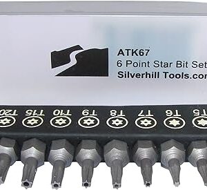 Silverhill Tools ATK67 6 Point Star Security Bit Set with Security Bits Torx TR Style with Pin In Hole for Screwdriver Handle for 1/4 Inch Bits. Tool Sizes T4 T5 T6 T7 T8 T9 T10 T15 T20 T25