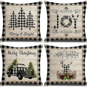 KACOPOL Christmas Buffalo Plaids Pillow Covers Christmas Tree Truck Farmhouse Decor Throw Pillow Case Cushion Cover 18" X 18" 4 Pack Christmas Decorations (Christmas Plaids & Joy)