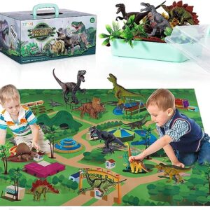 TEMI Dinosaur Toys for Kids 3-5 with Play Mat & Trees, Realistic Jurassic Dinosaur Figures to Create a Dino World Includes T-rex, Triceratops, Velociraptor, Gift for Toddlers Boys & Girls 2 3 4 5 6 7