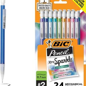 BIC Xtra-Sparkle Number 2 Mechanical Pencils With Erasers (MPLP241-BLK), Medium Point (0.7mm), 24-Count Pack, Cute Mechanical Pencils For Girls, Boys and Adults (Barrel Colors May Vary)