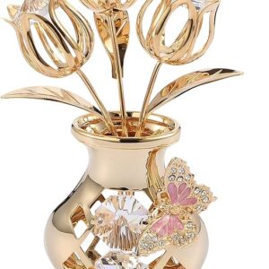 Gift for Mom - Matashi 24K Gold Plated Crystal Studded Flower Bouquet in Vase with Decorative Butterfly Tabletop Perfect Ornament Gift for Mother's Day, Women