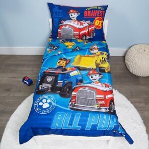 Paw Patrol Calling All Pups 4 Piece Toddler Bedding Set – Includes Bedspread, Sheet Set – Fitted + Top Sheet + Reversible Pillowcase for Boys Bed, Blue