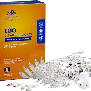 Holiday Joy - Clear White Mini String Lights on White Wire for Christmas Tree Lights - Indoor/Outdoor (100 Lights)