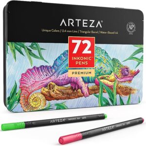 ARTEZA Inkonic Fineliner Fine Point Pens, Set of 72, 0.4mm Tips, Ergonomic Barrels, Brilliant Assorted Colors, Art Pens for Drawing, Journaling, Calligraphy, Fine Tip Markers, Art Supplies