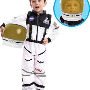 Spooktacular Creations Astronaut Costume with Helmet for Kids, Space Suit, Space Jumpsuit for Halloween Boys Girls Pretend Role Play Dress Up (White)-M