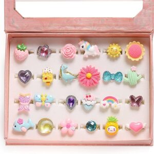 PinkSheep Little Girl Jewel Rings in Box, Adjustable, No Duplication, Girl Pretend Play and Dress Up Rings (24 Lovely Ring)