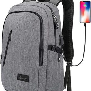 Mancro Laptop Backpack for Travel, 15.6 in Anti-Theft Business Backpack for Men Women with USB Charging Port & Lock, Gifts for Men Women, Water Resistant Travel Computer Bag Daypack, Grey