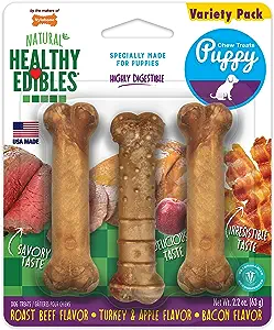 Nylabone Healthy Edibles Puppy Natural Long Lasting Dog Chew Treats Roast Beef Turkey & Apple & Bacon X-Small - Up to 15 lbs. 3 Count