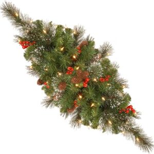National Tree Company Artificial Christmas Centerpiece | Flocked with Mixed Decorations and LED Lights | Crestwood Spruce - 30 Inch