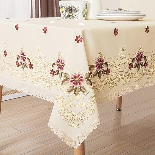 Wewoch Decorative Red Floral Print Lace Water Resistant Tablecloth Wrinkle Free and Stain Resistant Fabric Tablecloths for Kitchen Room 60 Inch by 84 Inch